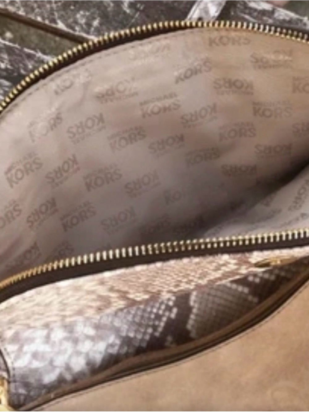 Michael Kors Bedford Taupe Snake-Print and Suede Shoulder Crossbody EUC - Picture 8 of 9